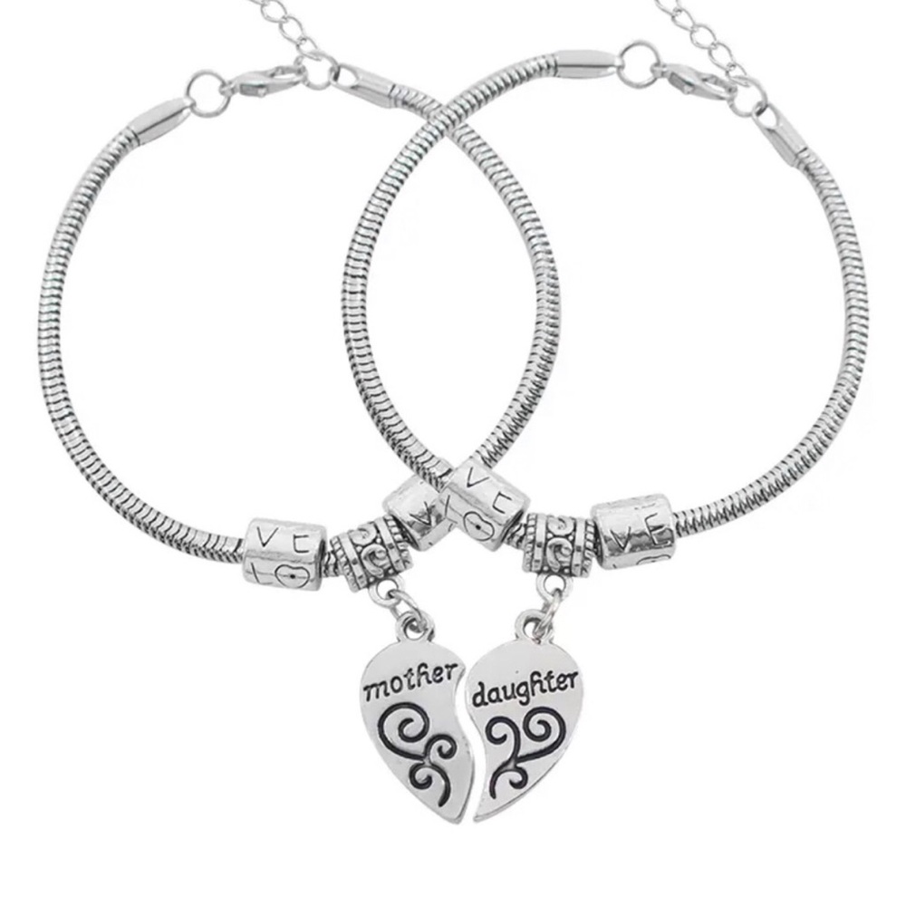 Mother Daughter Matching Silver Heart Split Charm Bracelets